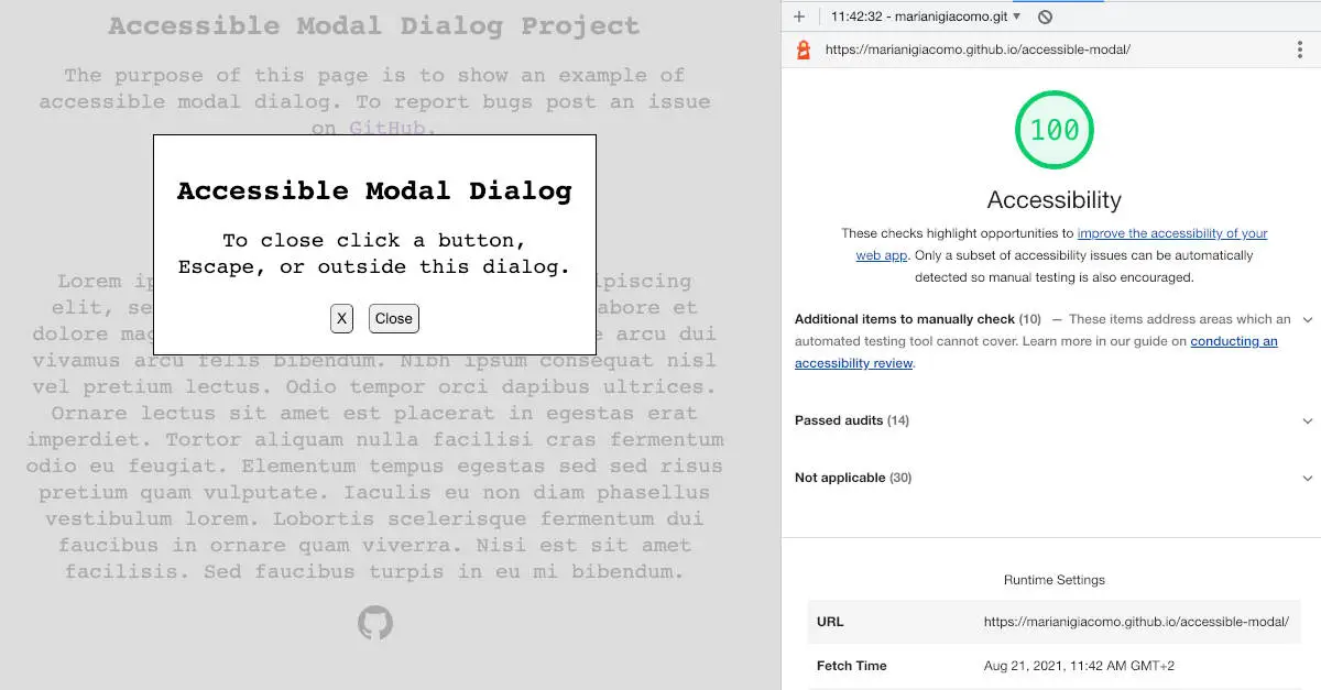 Screenshot from accessible modal homepage