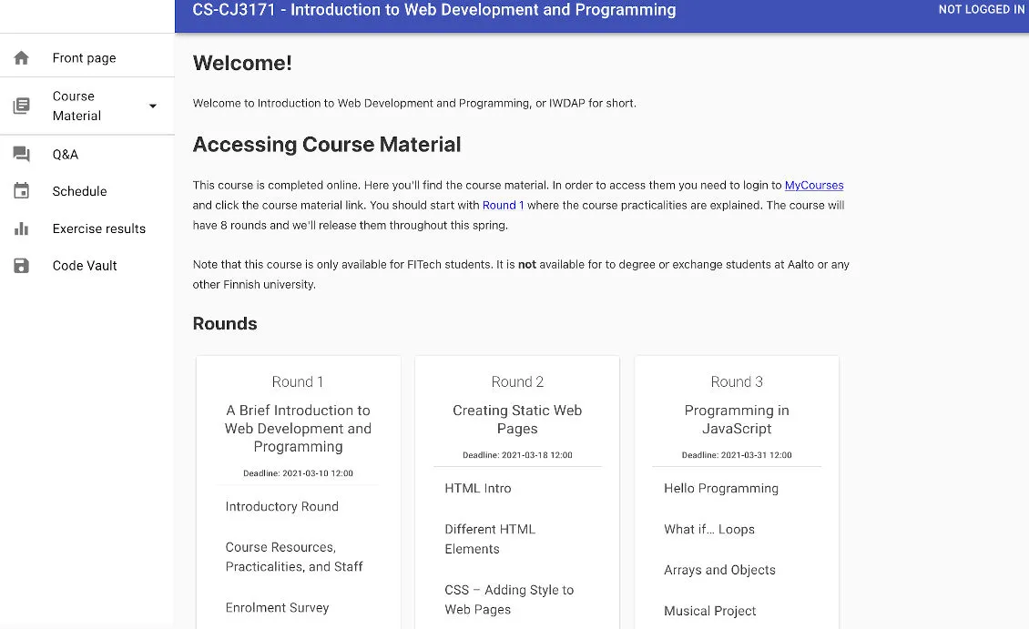 Screenshot from Introduction to Web Development and Programming homepage
